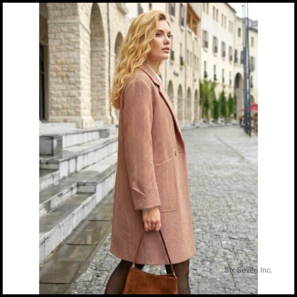 Women's Winter Pea Coat Herringbone Notch Lapel Quilted Lined Trench Jacket - Picture 5 of 6